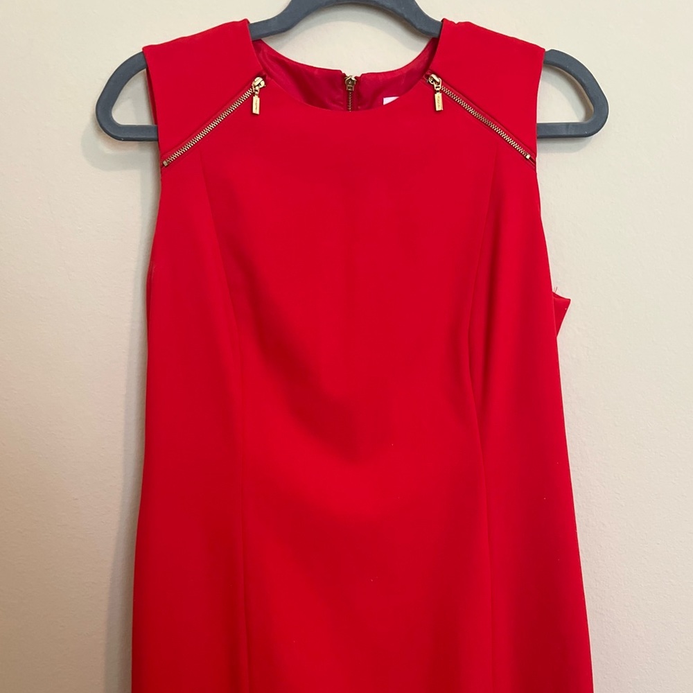 Calvin Klein Classic Red Dress with Gold Zipper detail. Size 8/10